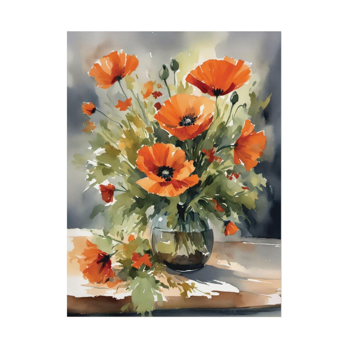 Red Orange Poppies in Glass Vase Watercolor Still Life Poster