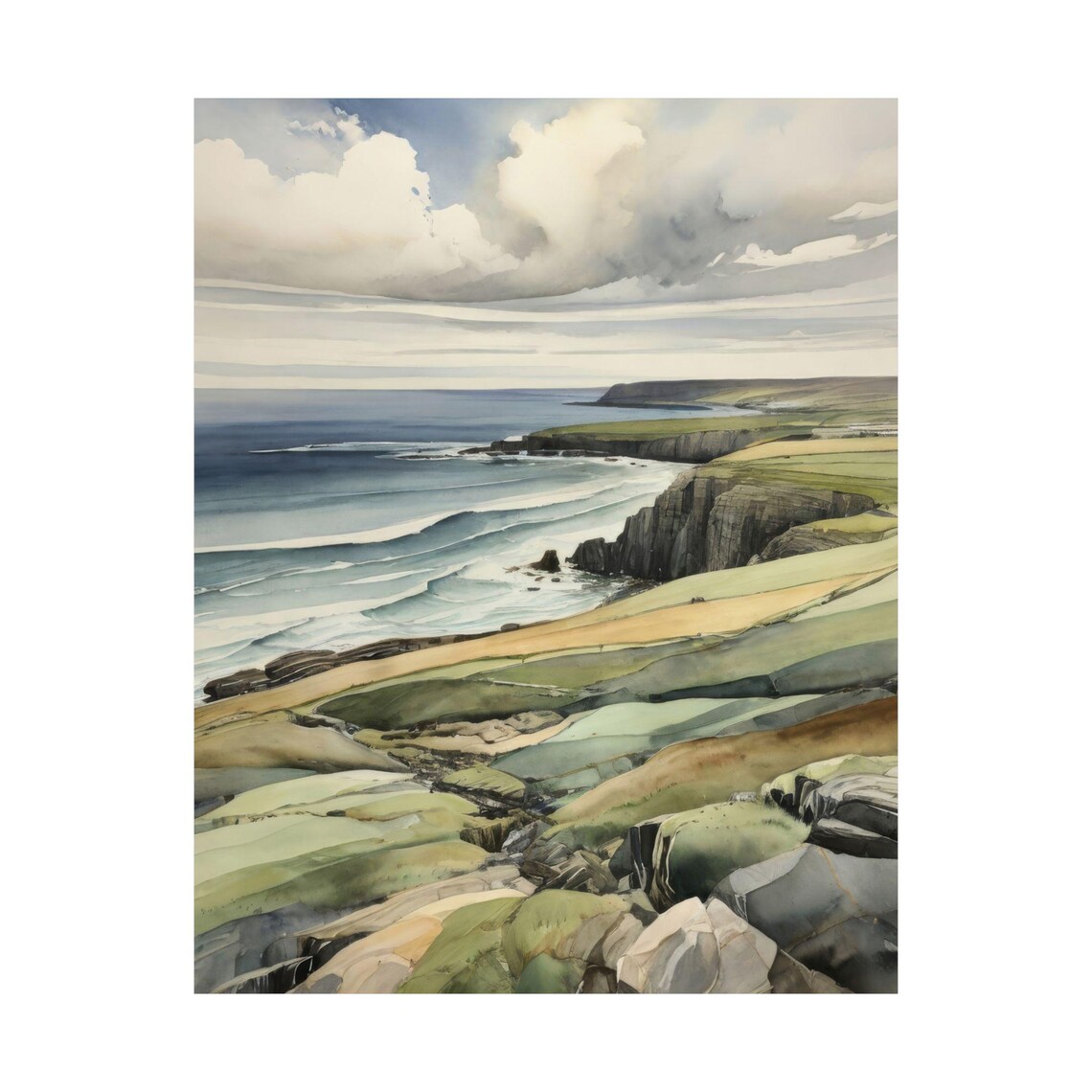 Rocky Cliff Coastline Watercolor Ocean Waves Rolling Green Hills Poster