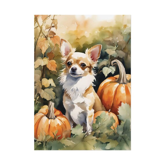 Cute Chihuahua And Pumpkins Art Print Autumn Dog Lover Gift Wall Poster Watercolor Painting Fall Home Decor
