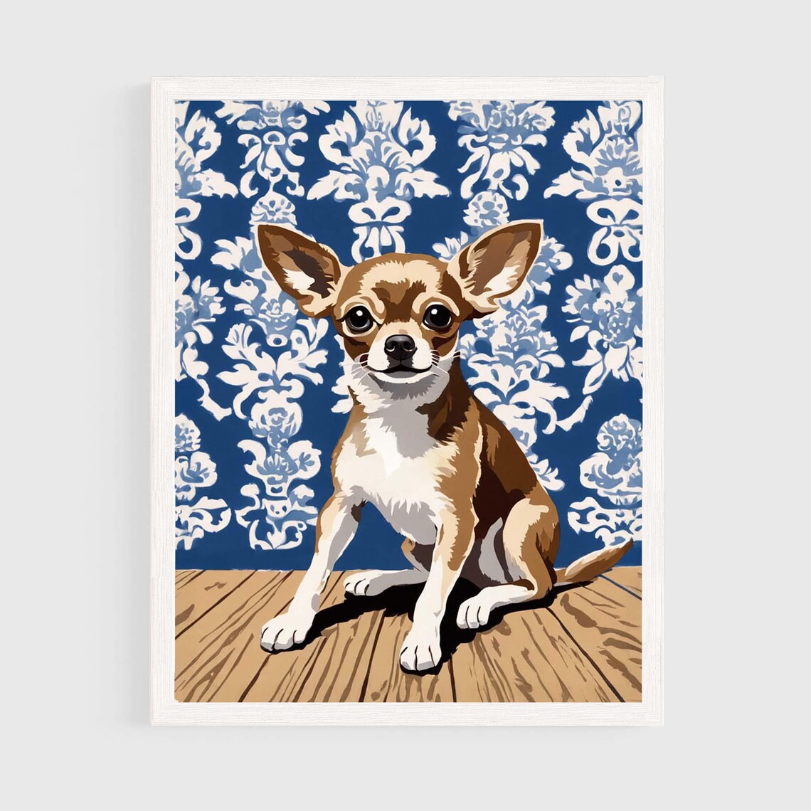 Brown Chihuahua Blue Damask Floral Wallpaper Dog Portrait Poster