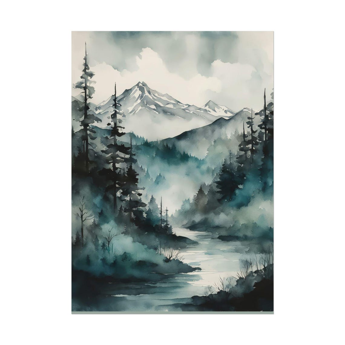 Misty Mountain Forest Watercolor Poster Teal Pines And Winding Stream