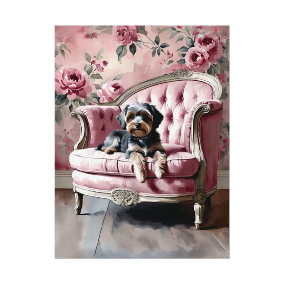 Yorkipoo Art Print Pink Floral Wall Cute Dog Lover Poster Gift Watercolor Painting