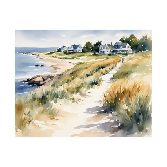 Coastal Beach Path Watercolor Cottages Dune Grass Seaside Walk Poster