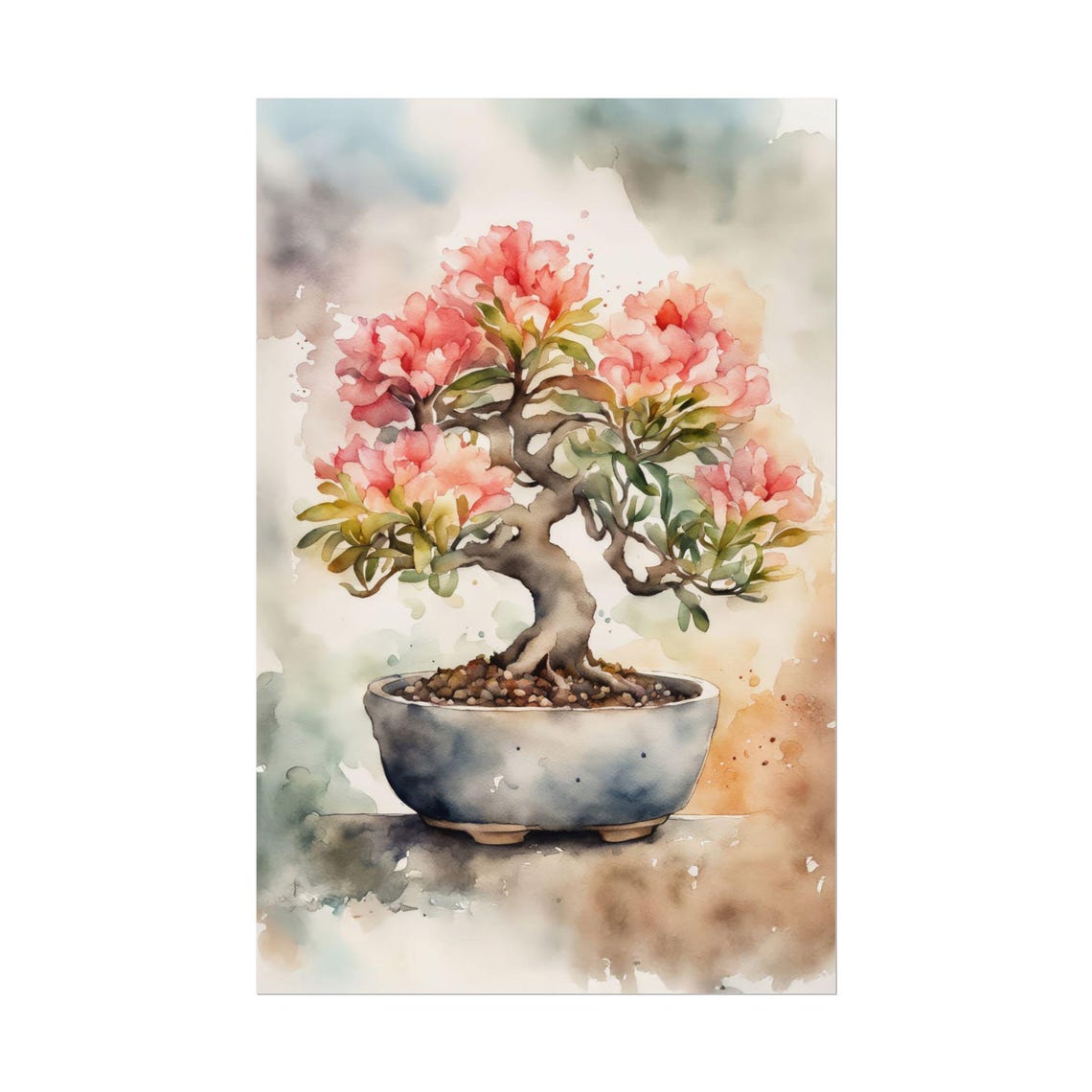 Flowering Bonsai Tree Pink Cherry Blossoms Watercolor Art Poster