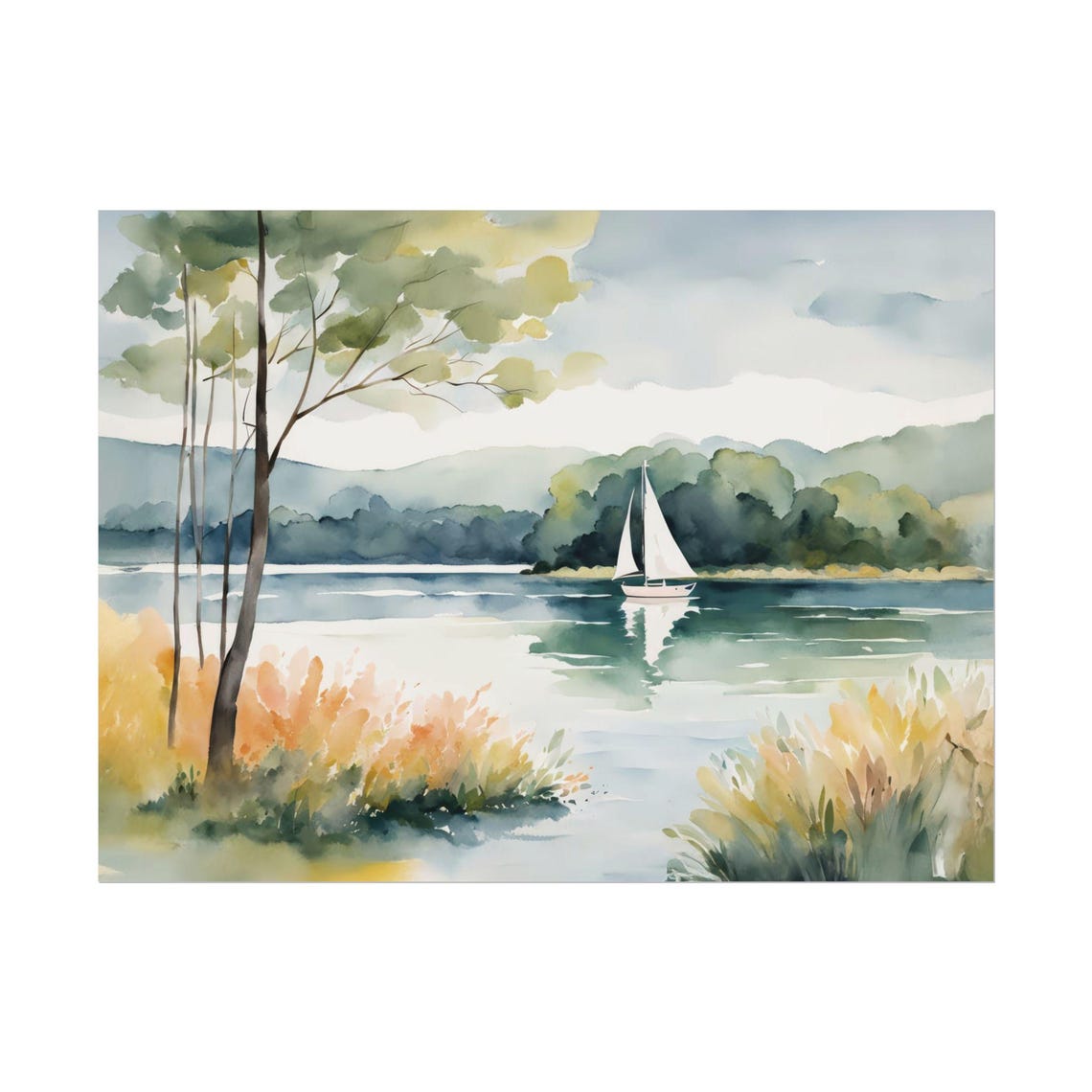 Summer Lake Sailboat Green Trees Soft Watercolor Lakeside Scene Poster