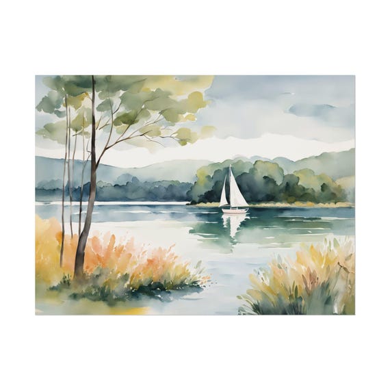 Lake Sailboat Print Watercolor Summer Travel Painting Living Room Wall Decor Horizontal Poster