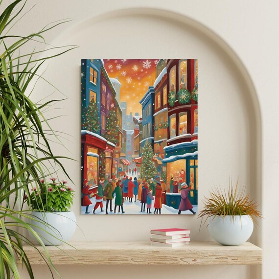 Snowy Christmas Street Shoppers Festive Holiday Village Art Poster