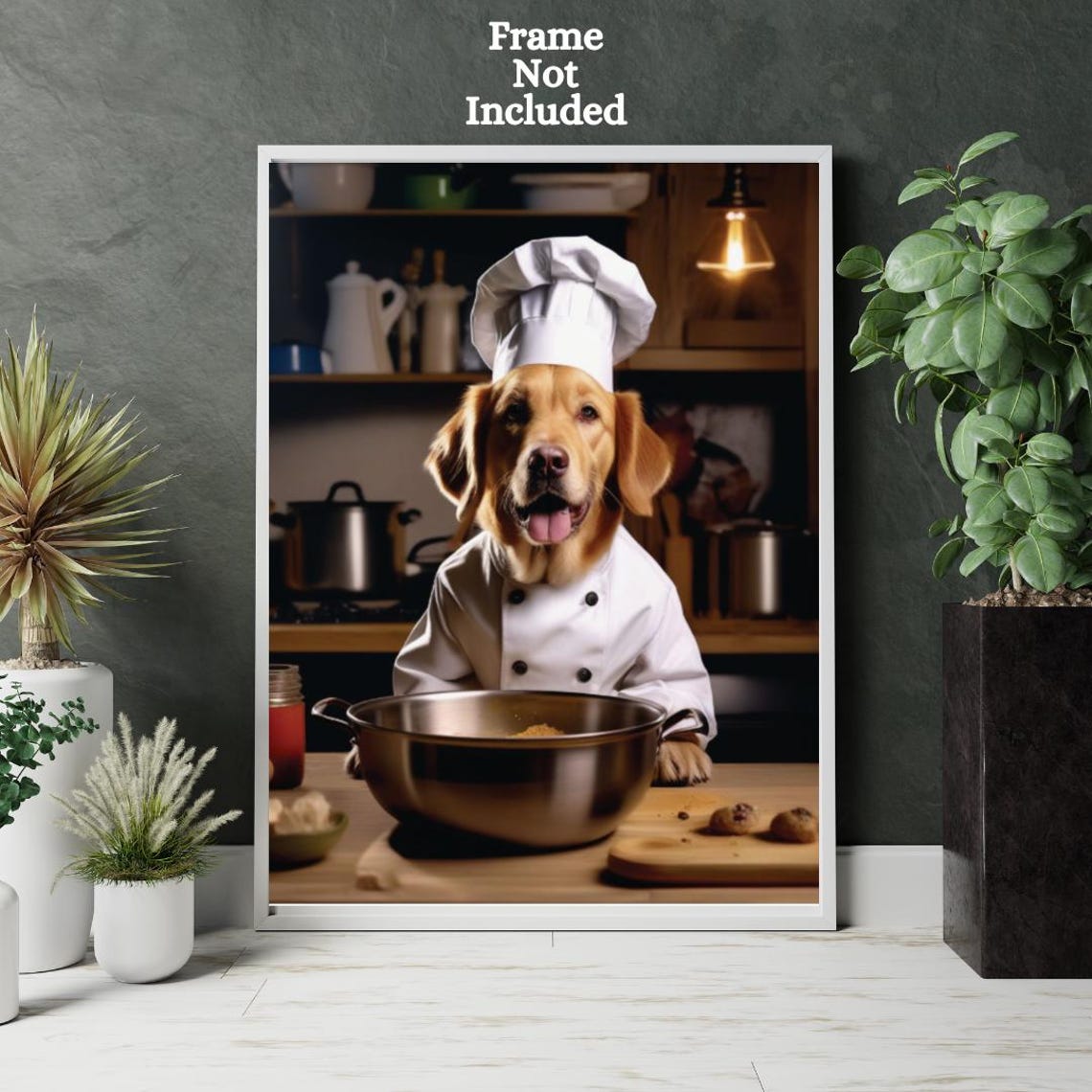 Whimsical Dog Chef In Toque Mixing Bowl Rustic Kitchen Print