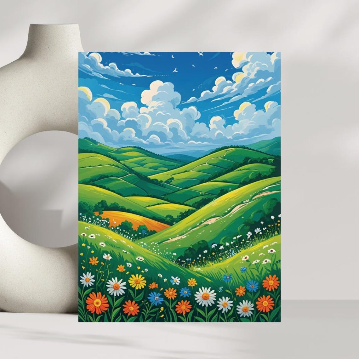 Summer Meadow Folk Art Wildflowers Rolling Hills Landscape Poster