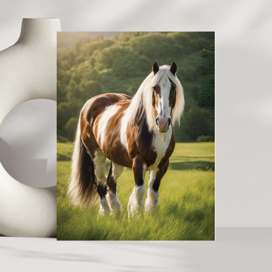Chestnut White Draft Horse Meadow Golden Hour Nature Photo Poster