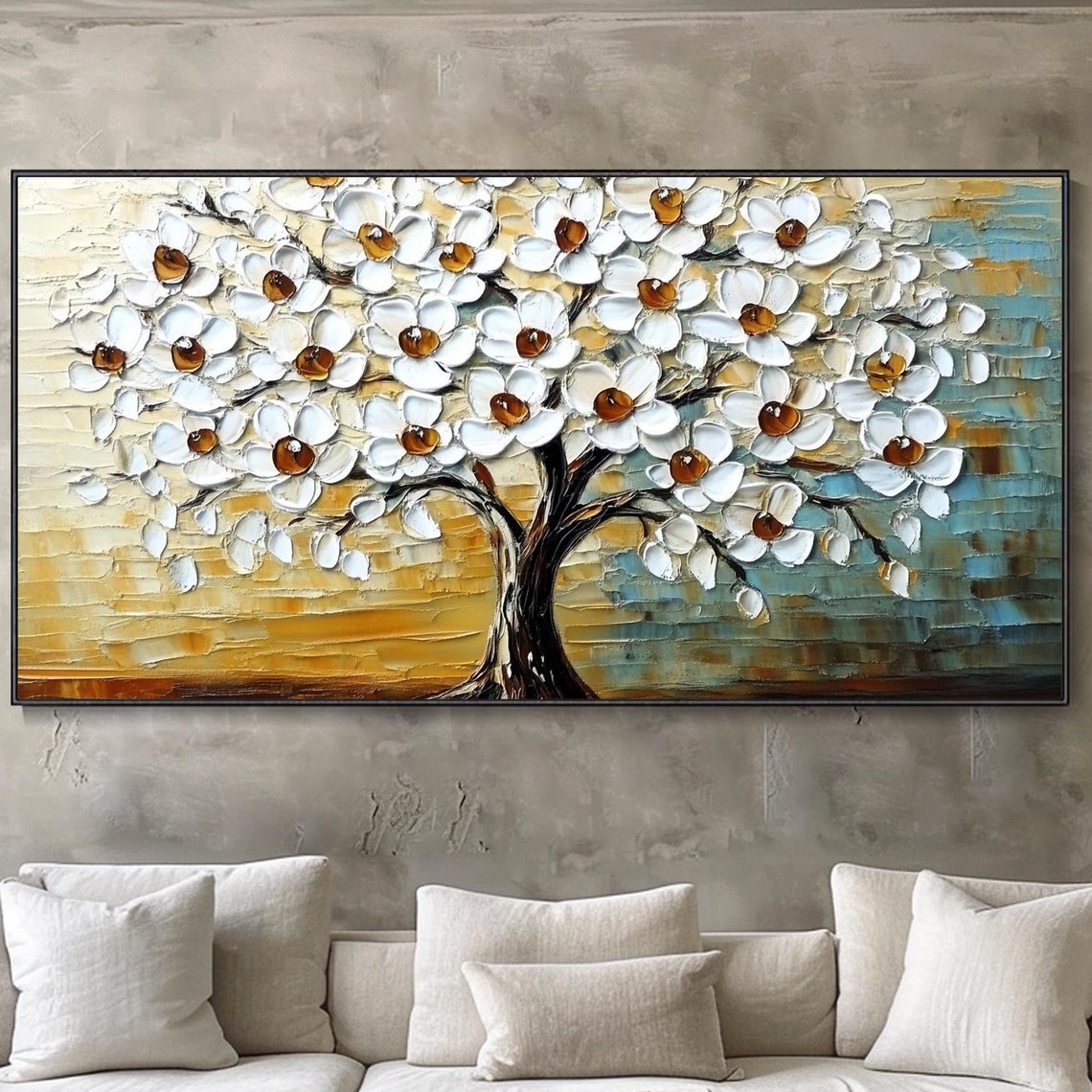 White Blossom Tree Full Bloom Golden Blue Textured Spring Wall Art