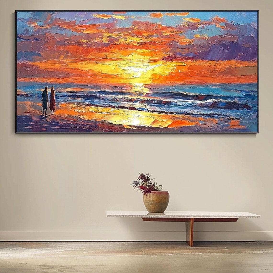 Romantic Couple Beach Sunset Golden Ocean Waves Impasto Wall Art