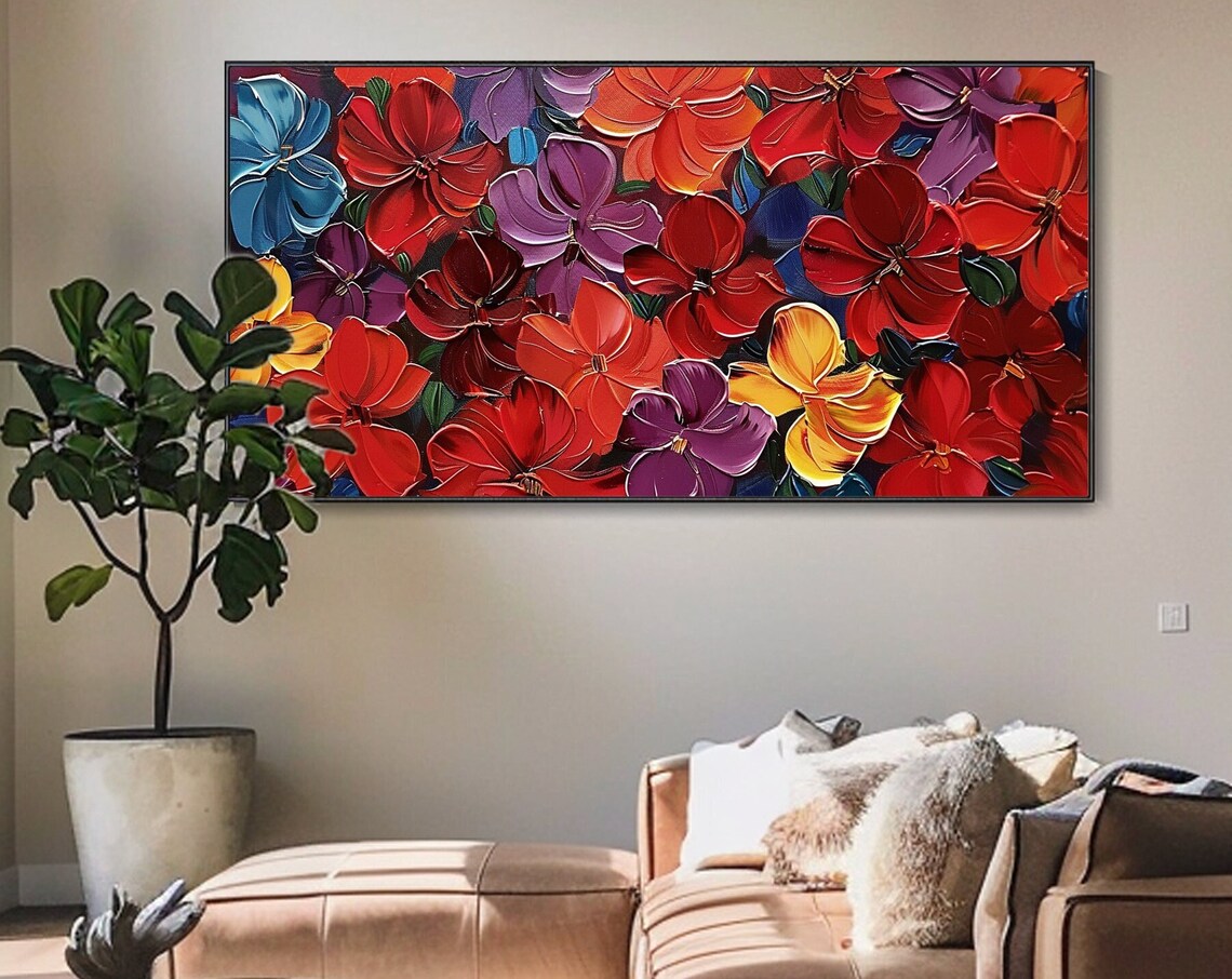 Red Purple Blossom Field Vibrant Palette Knife Floral Art Poster