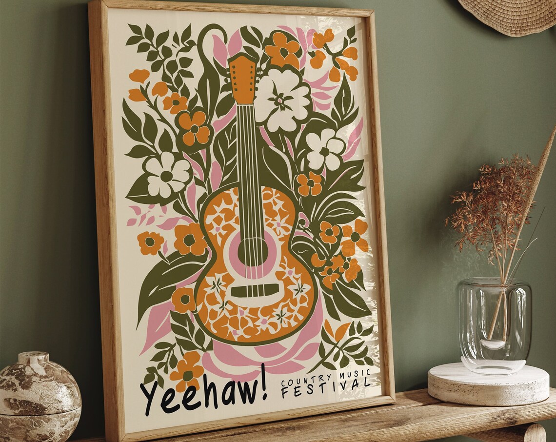 Vintage Yeehaw Country Music Festival Orange Floral Guitar Poster - Image 6