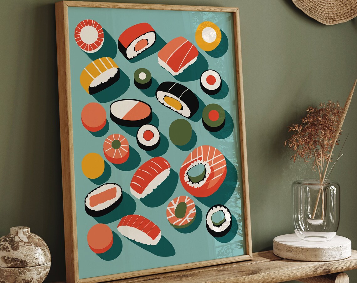 Colorful Sushi on Teal Modern Japanese Food Illustration Poster