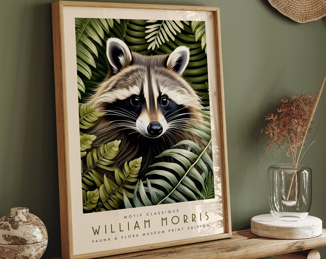 William Morris Motif Classique Raccoon Ferns Wildlife Art Poster