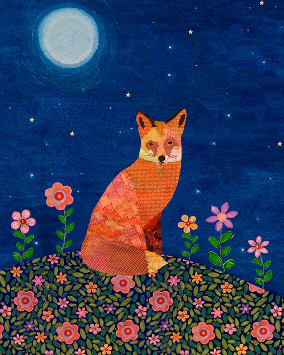 Orange Fox Sitting on a Flower Hill Under the Full Moon Poster