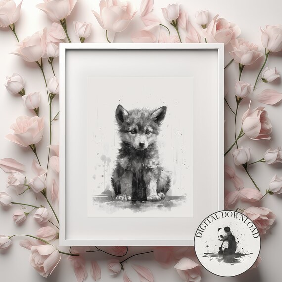 Baby Wolf In The Rain Cute Illustration Infant Nursary Decor Ink Drawing Art