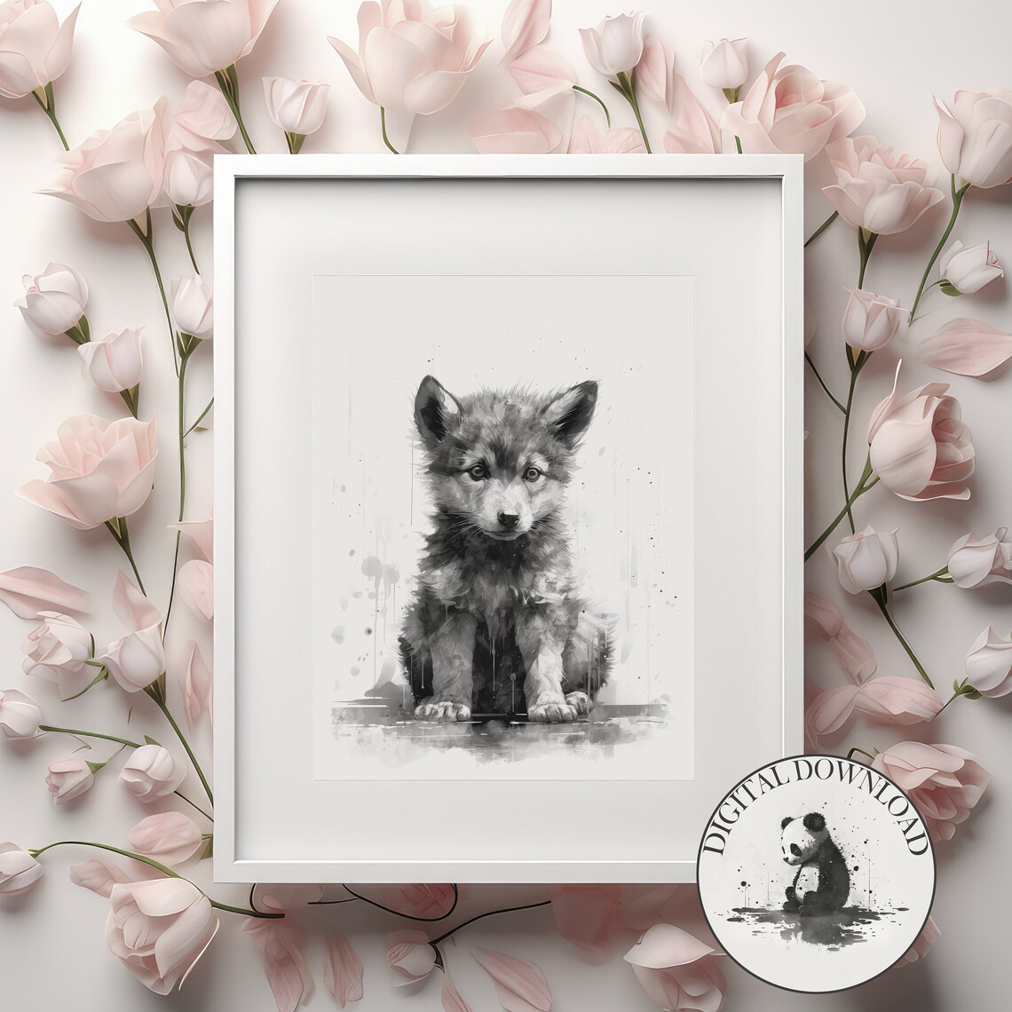Baby Wolf In The Rain Cute Illustration Infant Nursary Decor Ink Drawing Art