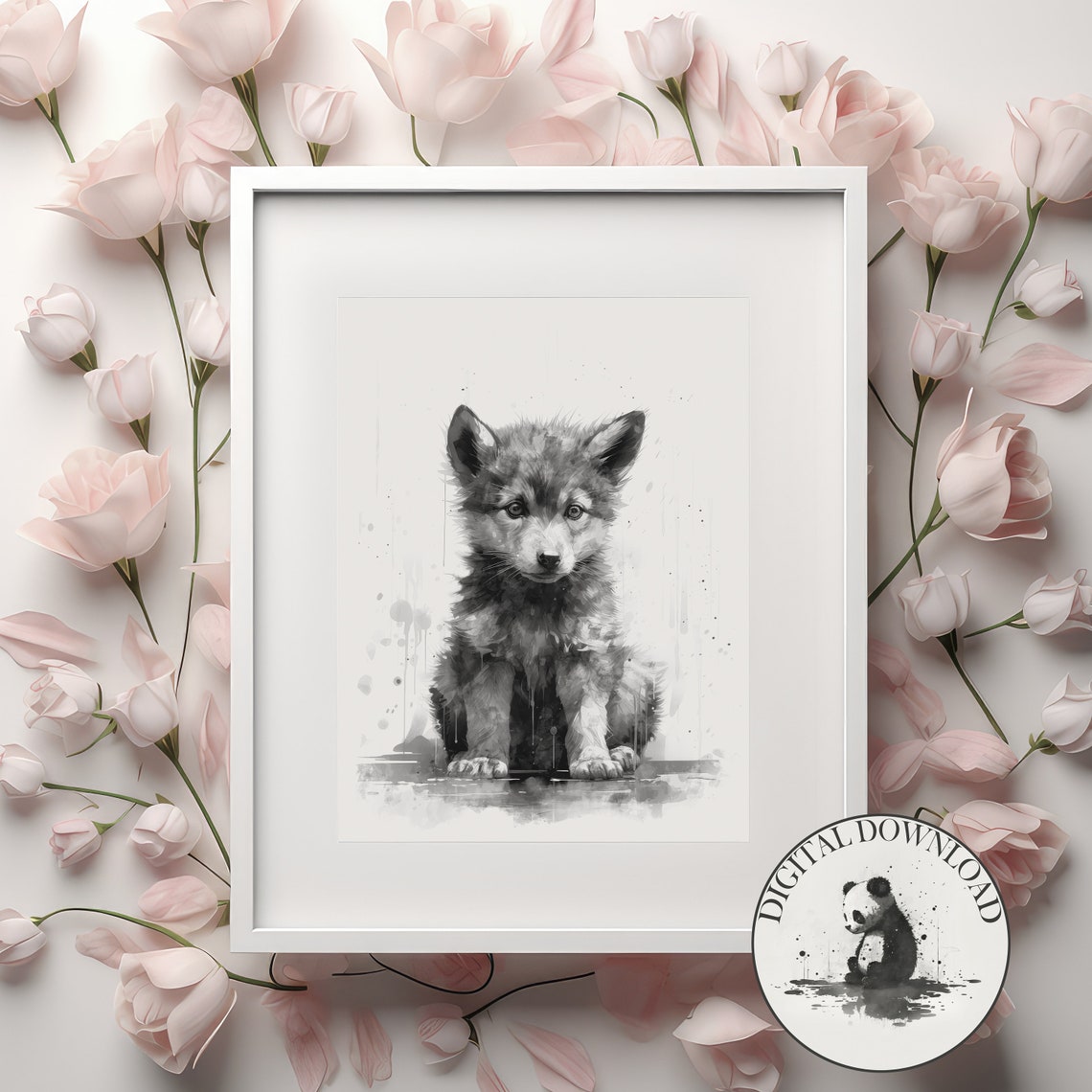 Cute Baby Wolf Pup Sitting Ink Splash Black And White Nursery Poster