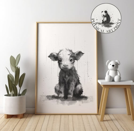 Baby Cow In The Rain Physical Print Animal Illustration Nursery Wall Decor Infant Nursary Art Ink Drawing