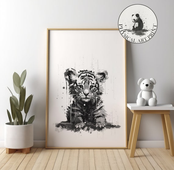Baby Tiger In The Rain Physical Print Animal Illustration Nursery Wall Decor Infant Nursary Art Ink Drawing
