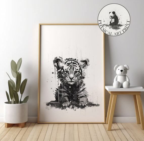 Cute Baby Tiger Cub Ink Splash Black And White Nursery Decor Poster