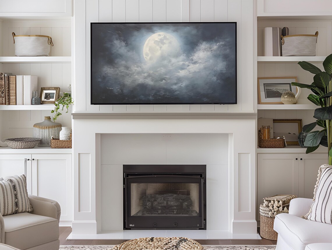 Full Moon Over Stormy Sea Dark Blue Moody Vintage Oil Painting Poster - Image 3