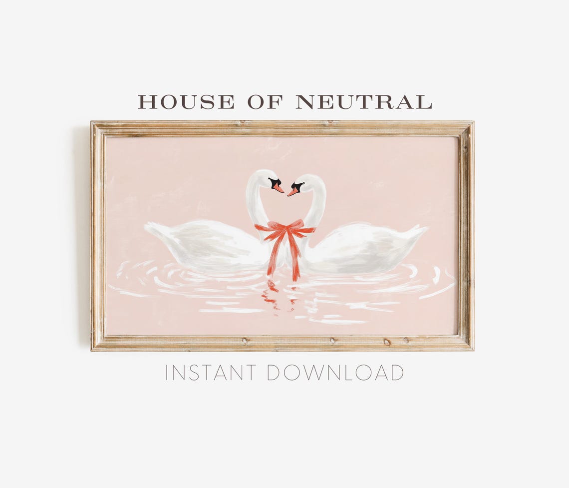 Two White Swans In Love Red Ribbon Pink Background Valentine Wall Art - Image 2