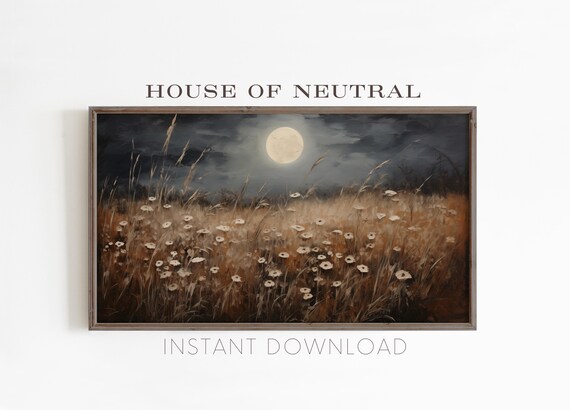 Full Moon Night Autumn Wildflower Meadow Glowing Moonlit Field Vintage Poster