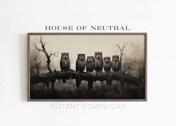Six Owls on Branch Vintage Sepia Halloween Night Birds Art Wall Poster