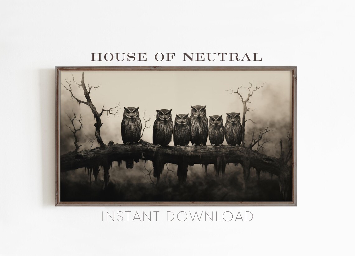 Six Owls on Branch Vintage Sepia Halloween Night Birds Art Wall Poster