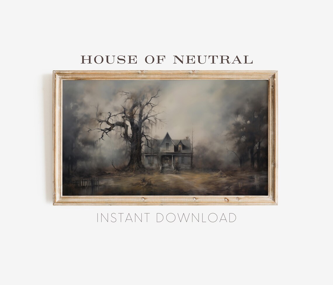 Spooky Haunted House Foggy Night Dead Tree Vintage Halloween Wall Art - Image 4