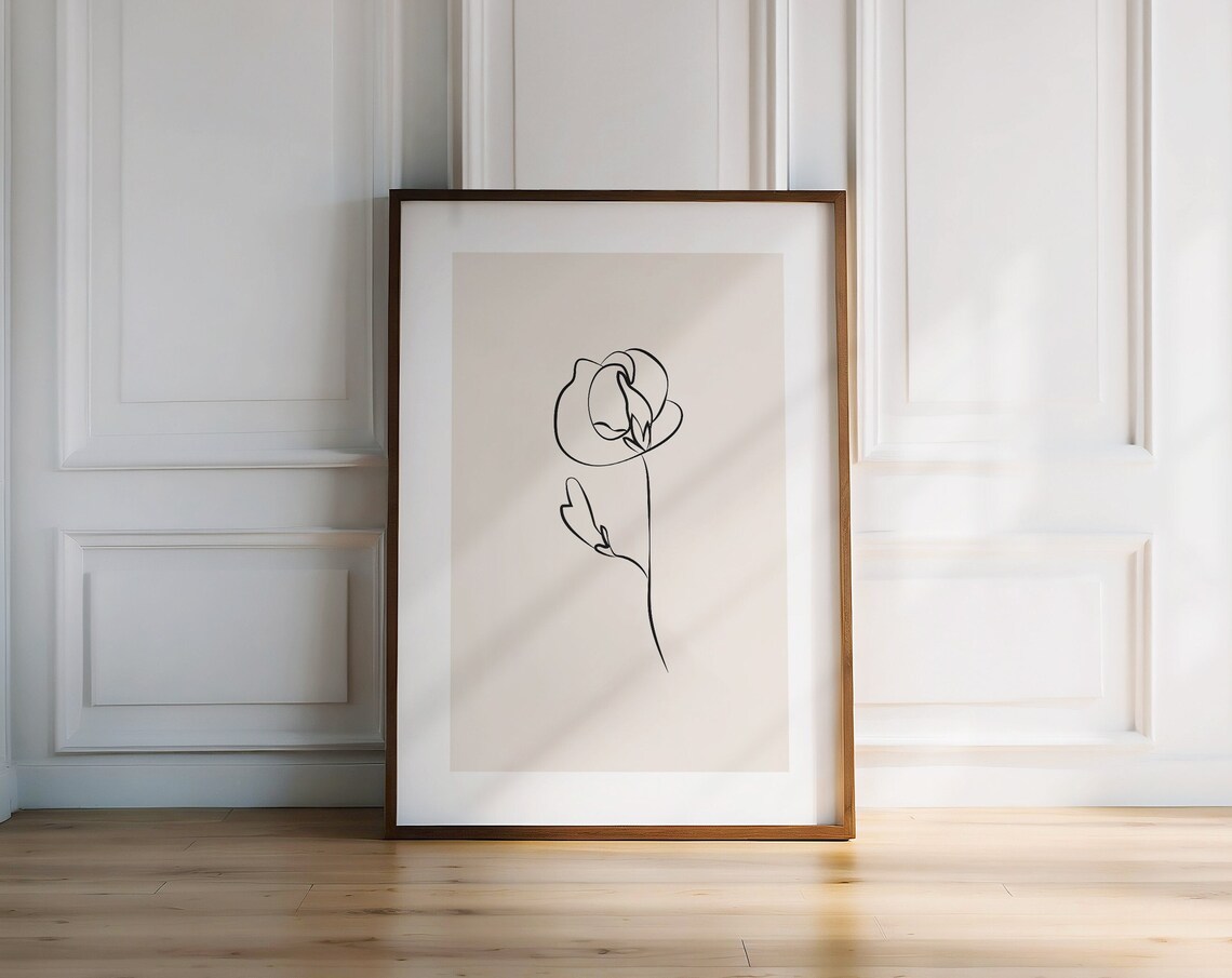 Single Line Rose Bloom Drawing Beige Minimalist Floral Decor Poster