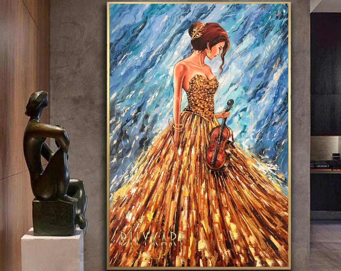 Woman In Gold Shimmering Dress Holding Violin Elegant Music Art Poster