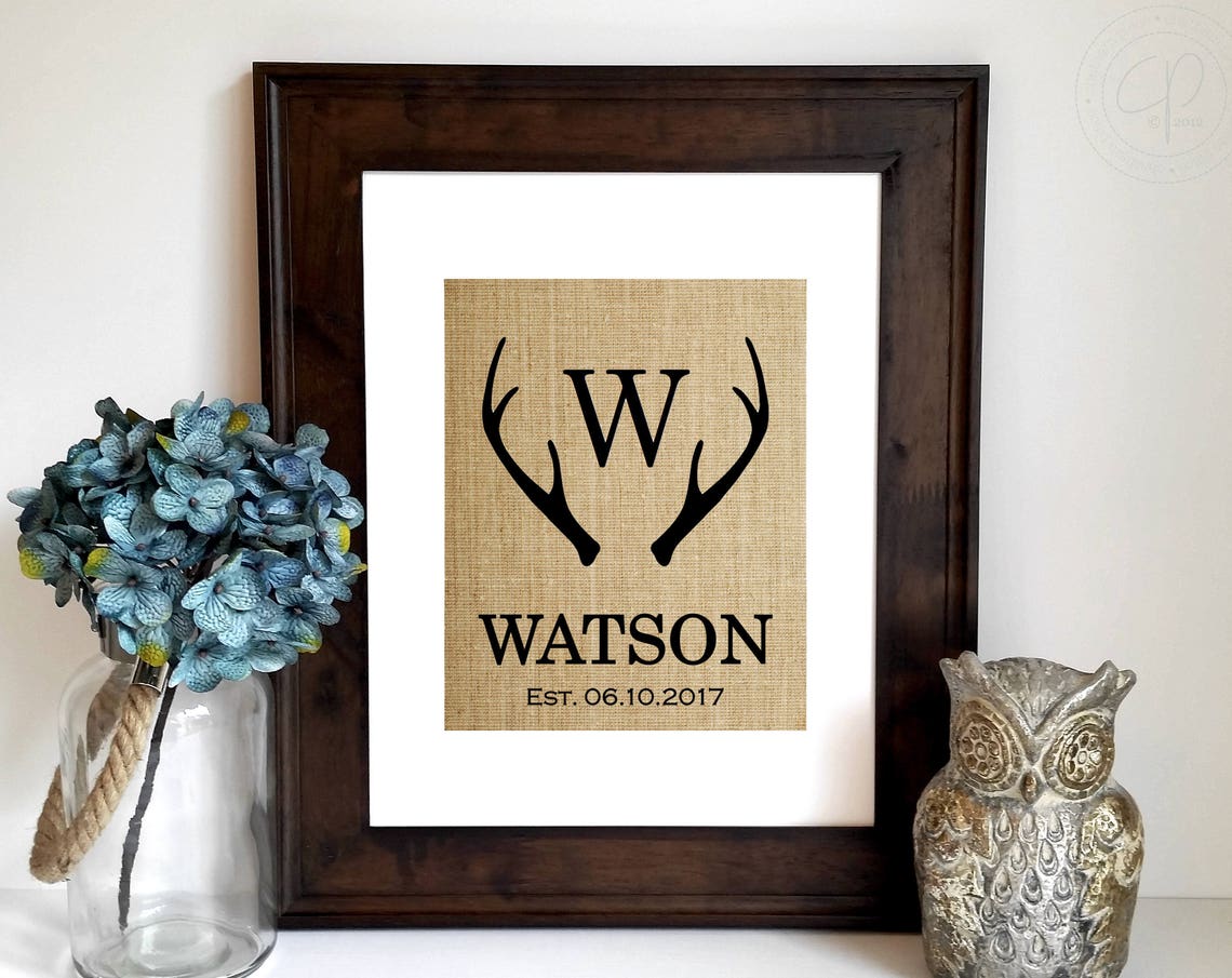 Personalized Antler Monogram Family Name Print Rustic Burlap