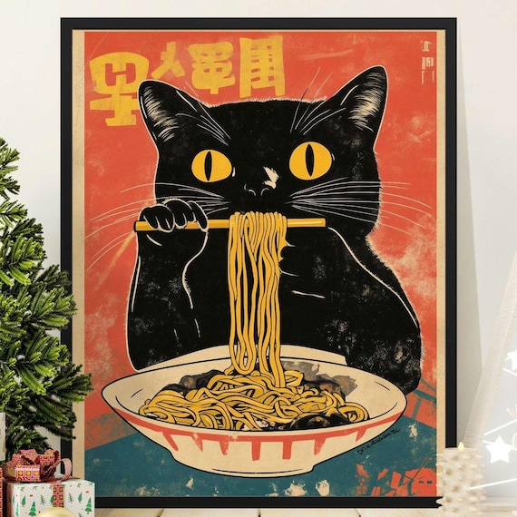 Vintage Cat Eating Ramen, Retro Japanese Poster Print