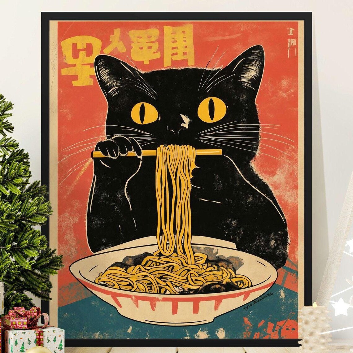 Vintage Cat Eating Ramen, Retro Japanese Poster Print