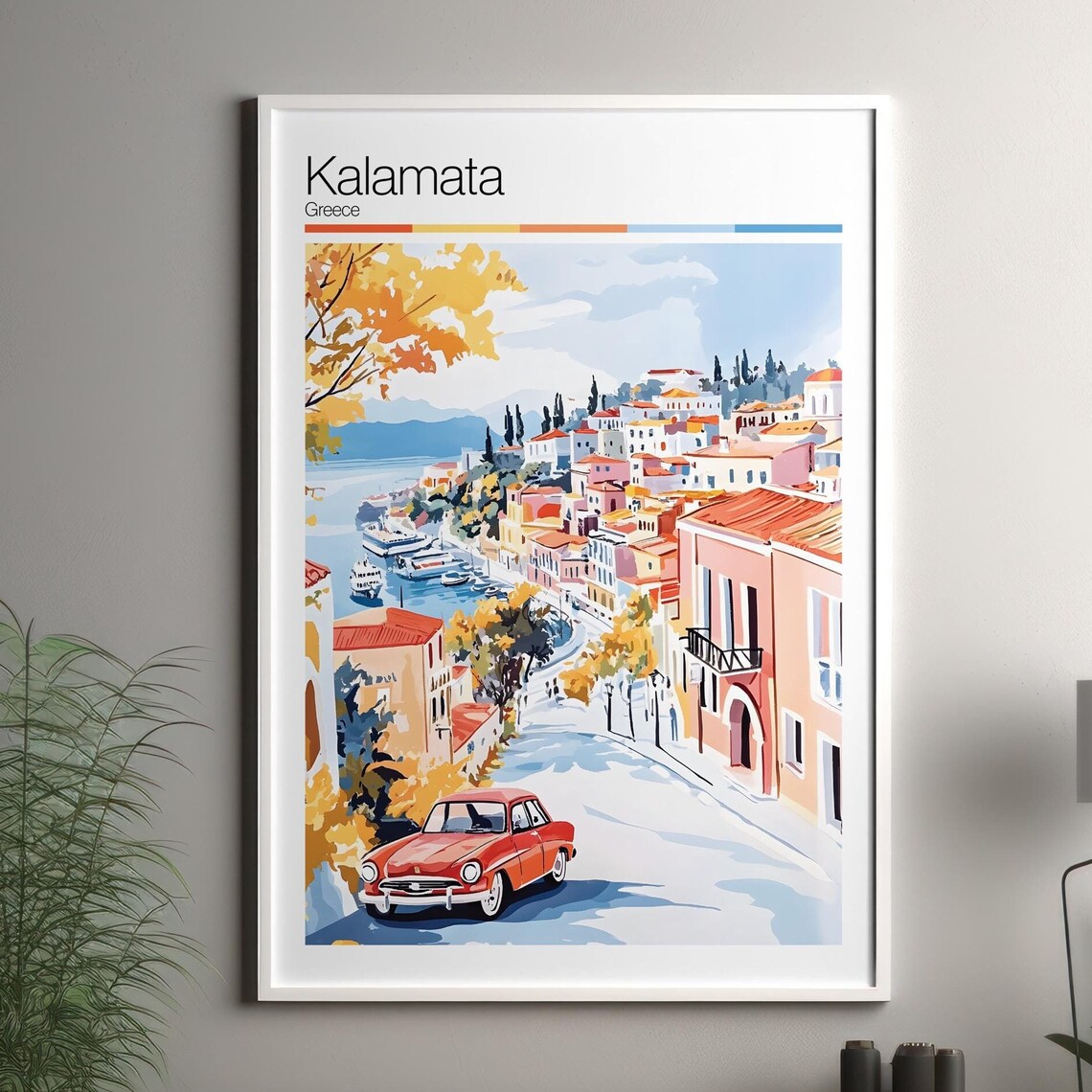 Kalamata Greece Classic Red Car Coastal Town View Travel Art Poster