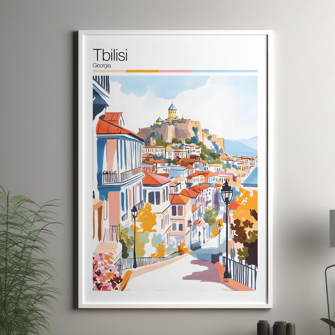 Tbilisi Georgia Watercolor Travel Poster With Old Town Fortress View