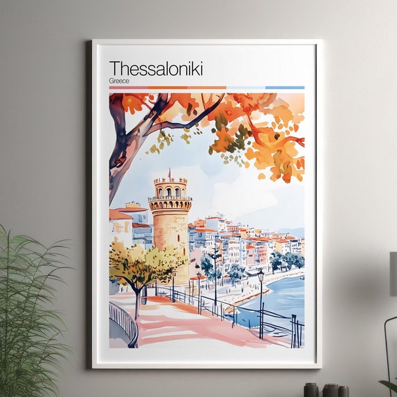 Thessaloniki Print Soft Colors Travel Poster Colourful Wall Art Greece City Decor