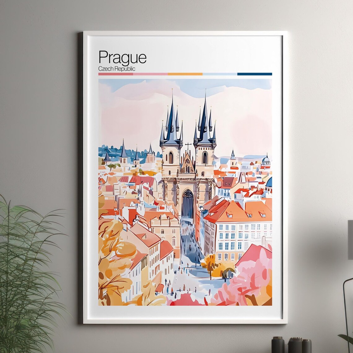Prague Czech Republic Old Town Spires Watercolor Rooftops Travel Poster