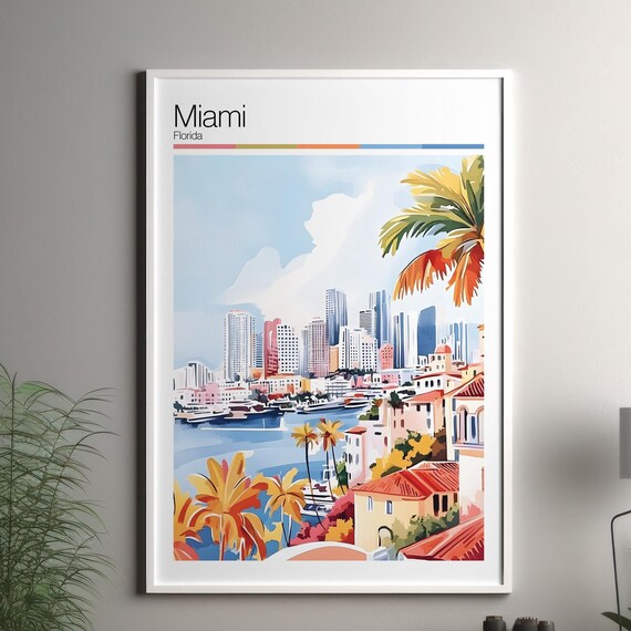 Miami Florida Skyline Harbor Watercolor Downtown Travel Poster