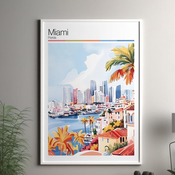 Miami Print Soft Colors Travel Poster Colourful Wall Art United States City Decor For