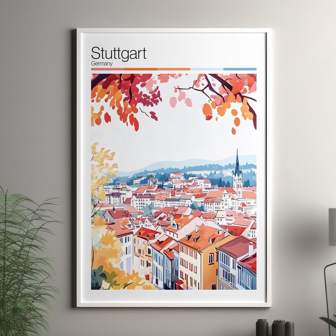 Stuttgart Germany Autumn Old Town Panorama Watercolor Travel Poster
