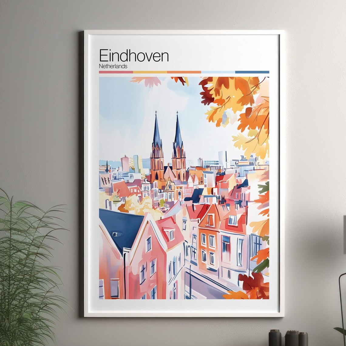 Eindhoven Netherlands Twin Church Spires Autumn City Travel Art Poster
