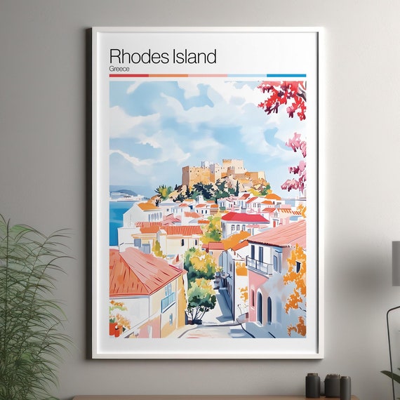 Rhodes Island Print Soft Colors Travel Poster Colourful Wall Greece City Decor
