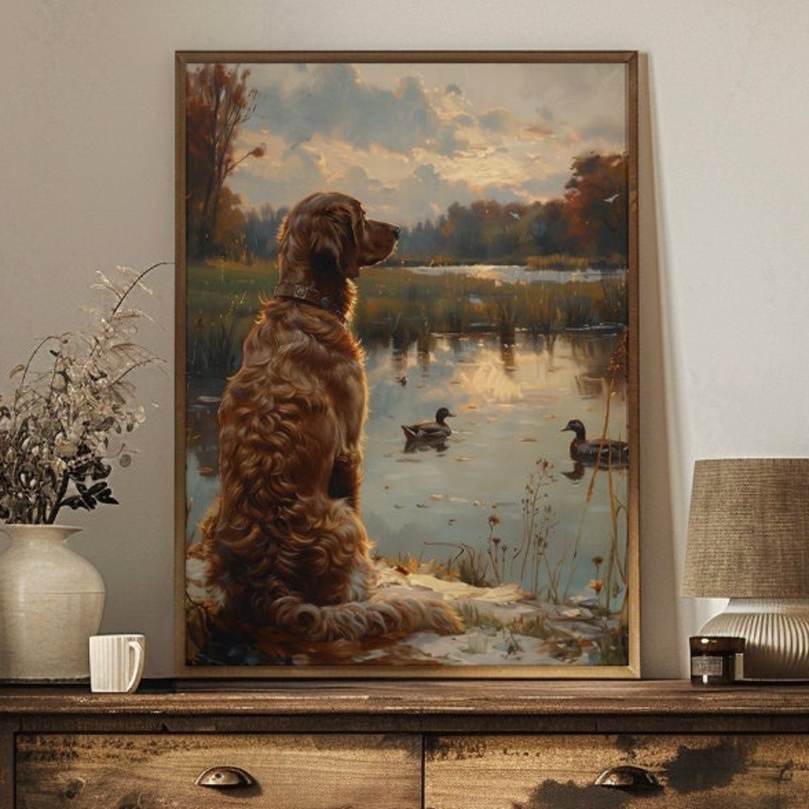 Curly Coated Hunting Dog Watching Ducks at a Sunset Pond Poster - Image 3