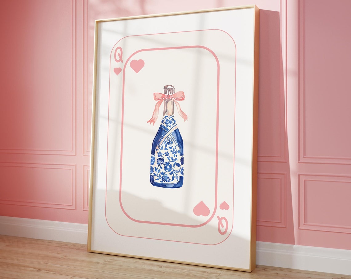 Queen of Hearts Playing Card Chinoiserie Champagne Bottle Poster