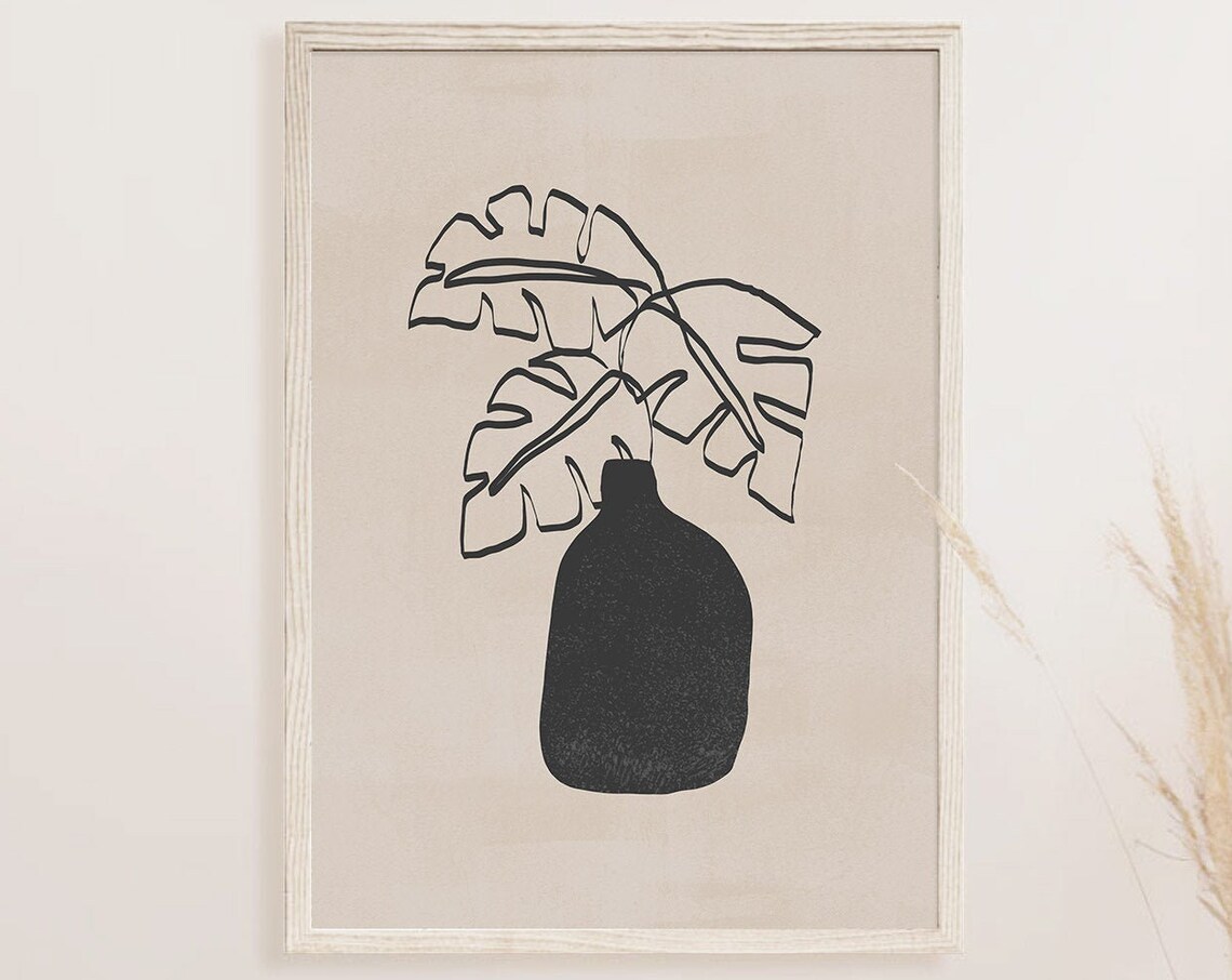 Black Vase with Monstera Leaves Line Art Beige Botanical Poster - Image 4